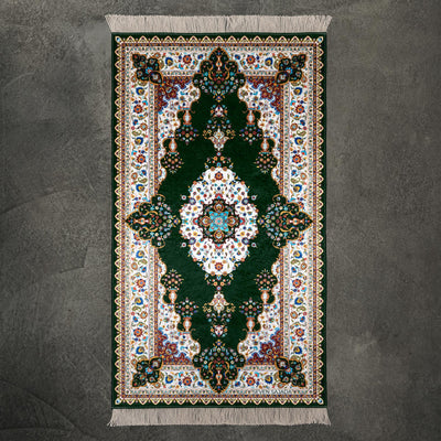 Tapis de prière Blossom vert avec médaillon floral et bordure fleurie crème, vue d'ensemble #couleur_vert