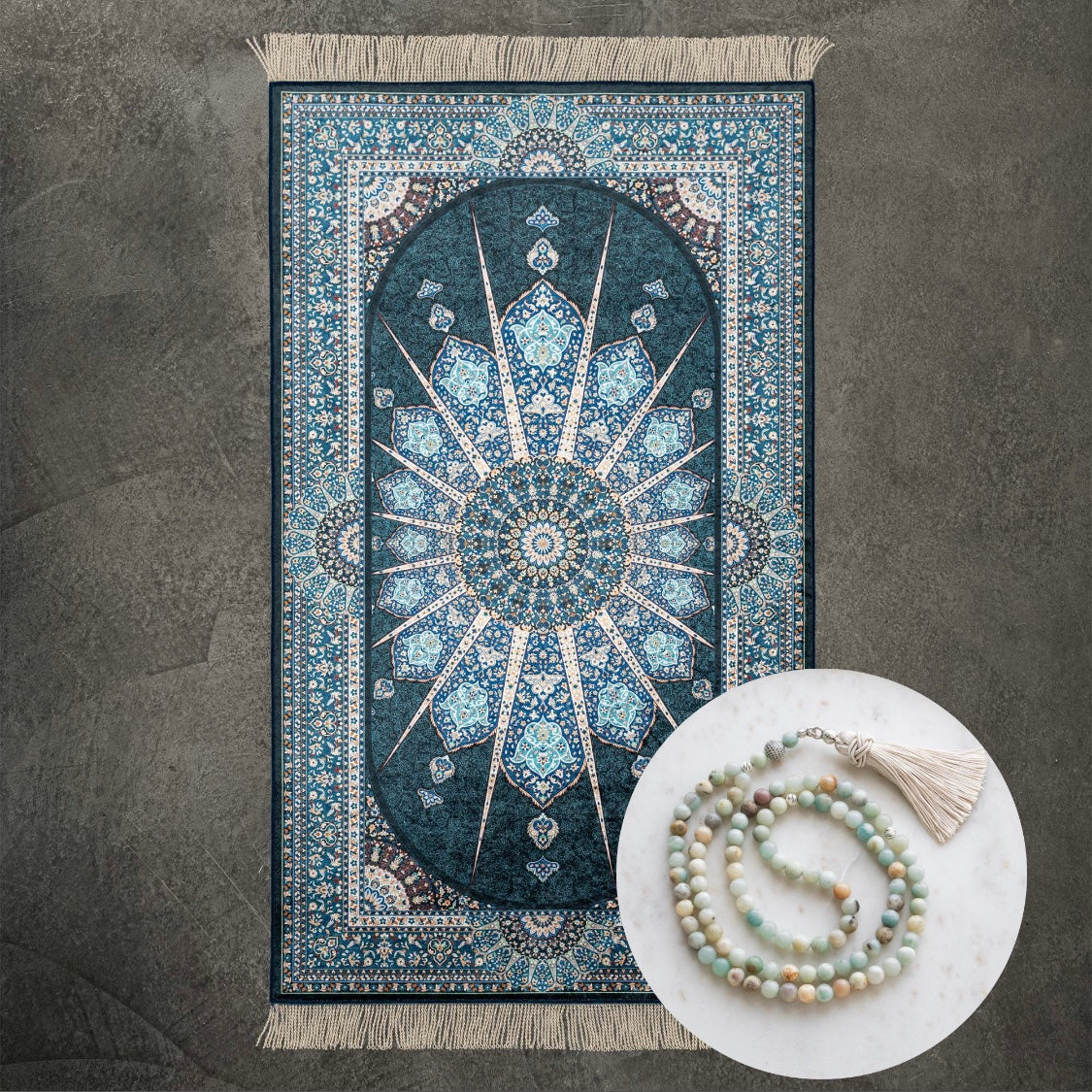 Blue Eye prayer mat and amazonite tasbih together, the Seven Sajada premium prayer set