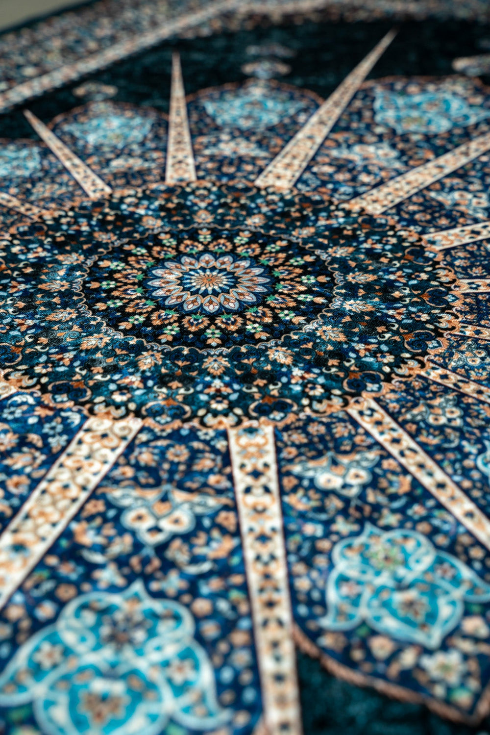 Close-up of the Blue Eye prayer mat medallion, showing the fine printed detail
