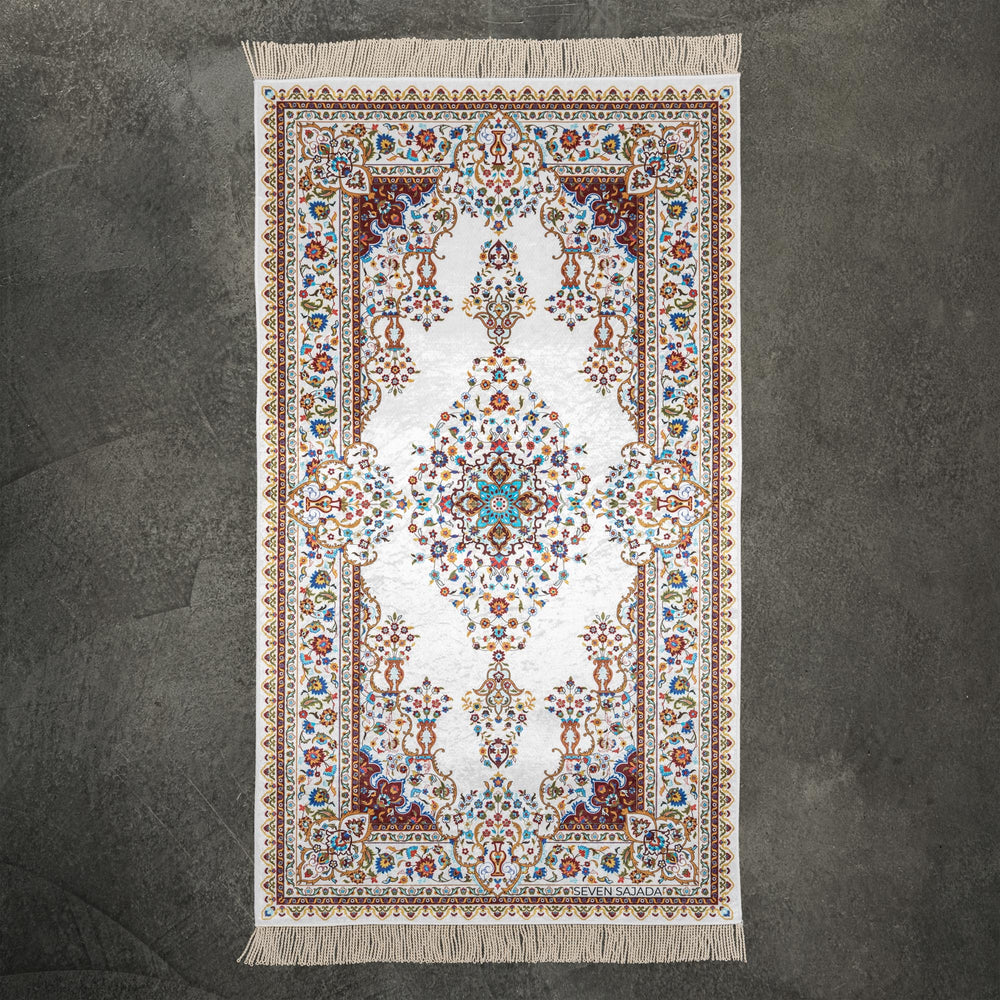 Blossom prayer mat in white with a floral medallion and a cream floral border, full view #color_white