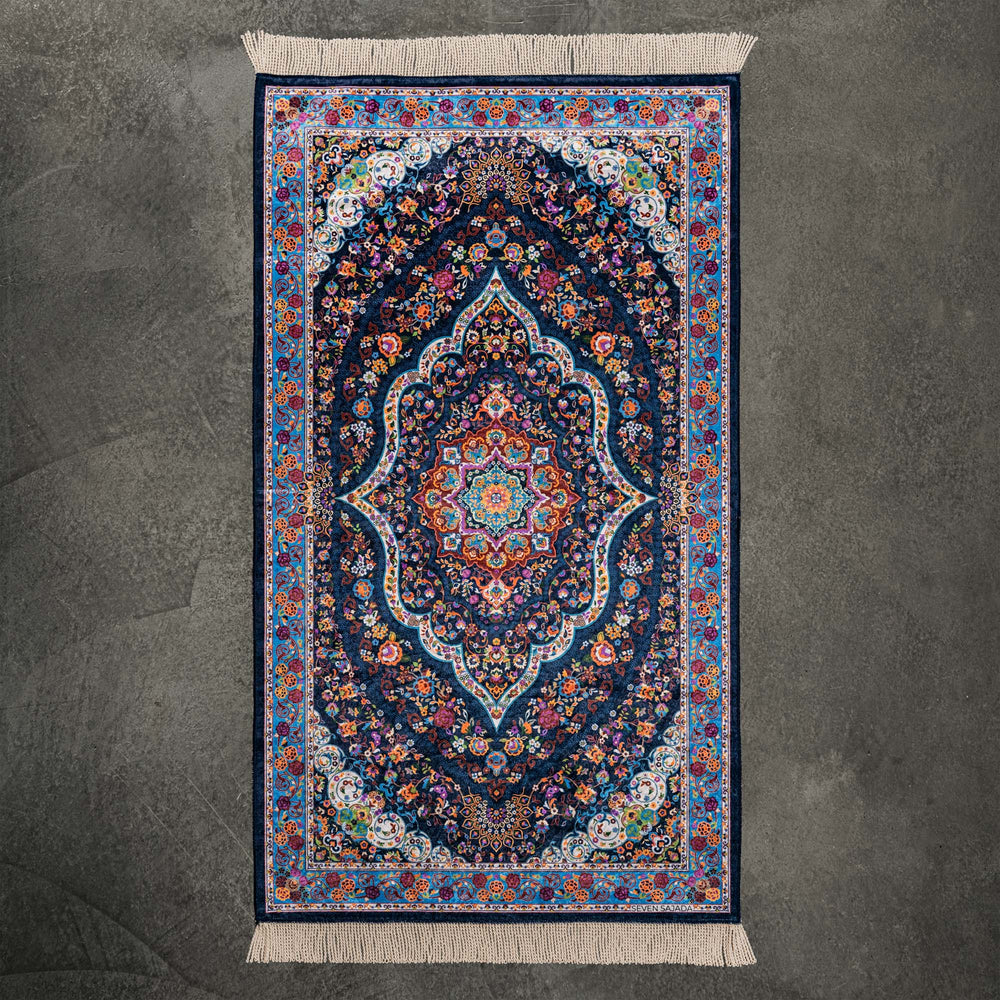 Tulip prayer mat in blue with a floral tulip medallion, full view