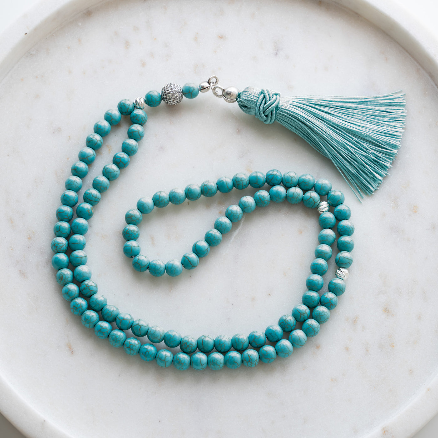 99 Prayer beads - Turquoise Gemstone. All Seven Sajada Misbaha are made with cubic zirconia and sterling silver separators. The Tasbih are handmade in Turkey with big attention to details and quality.